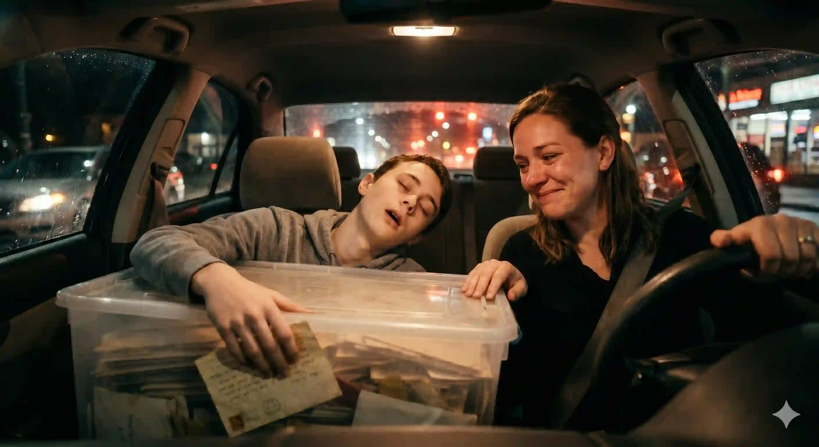 A teenage boy sleeping in the passenger seat holding a box of letters while his mother drives