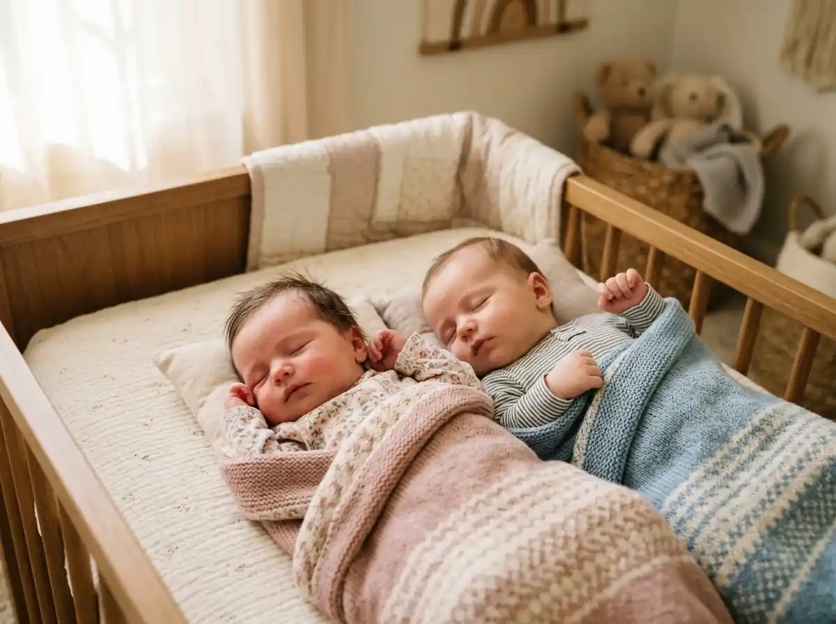 Two twin babies sleeping peacefully side by side