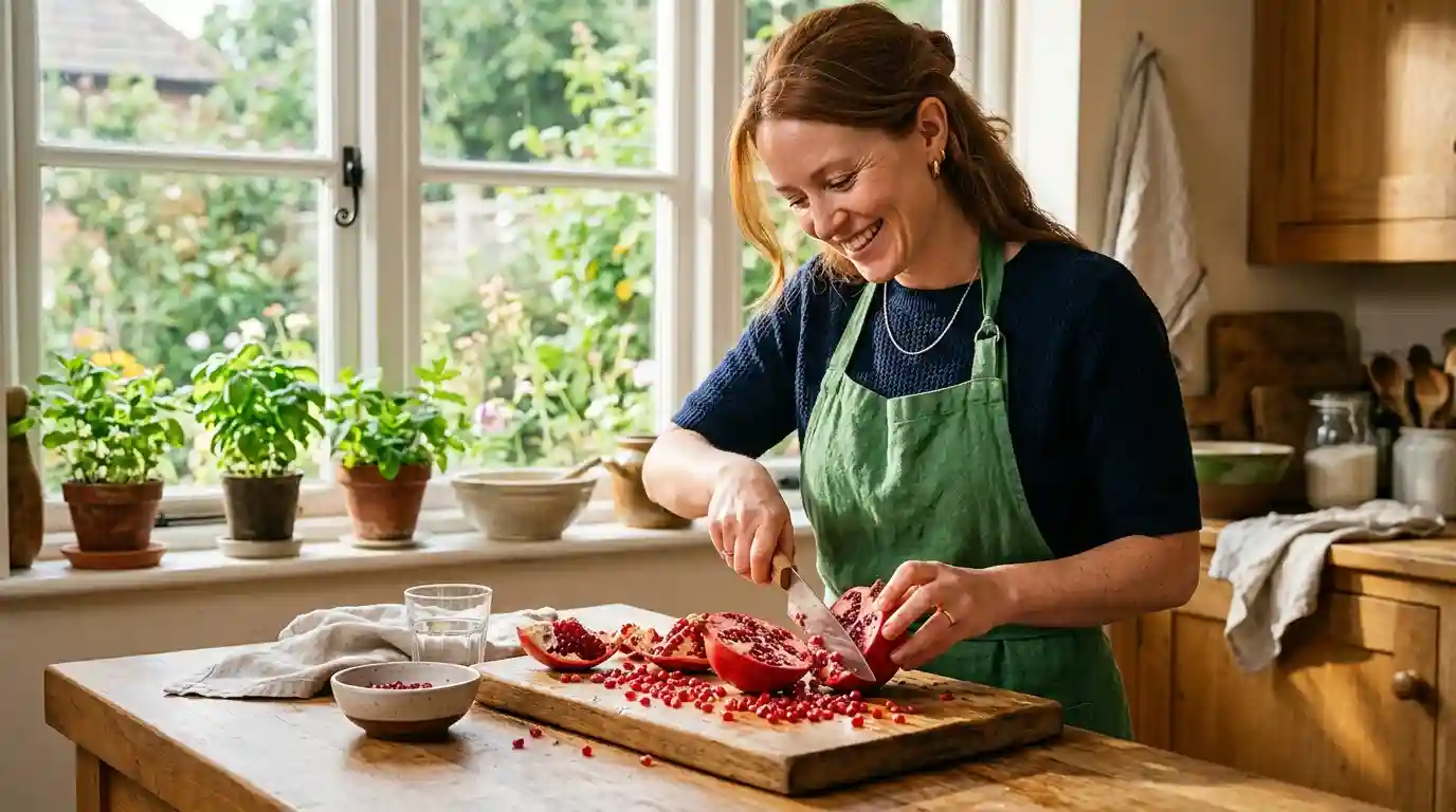 Nutritionist slicing a vibrant, juicy red pomegranate on a wooden cutting board