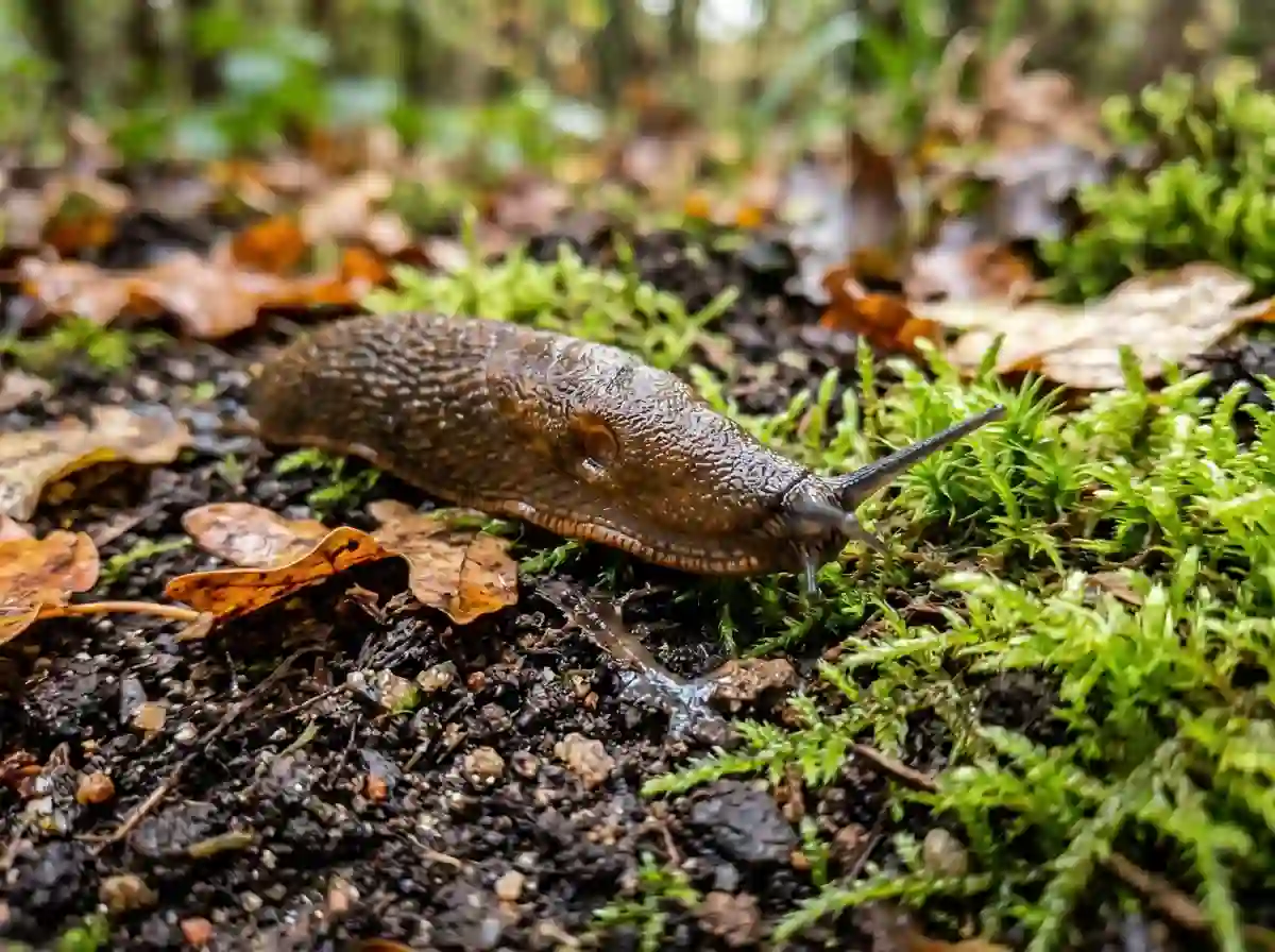 A realistic macro photograph of a slug crawling over rich, dark soil and decaying leaves.