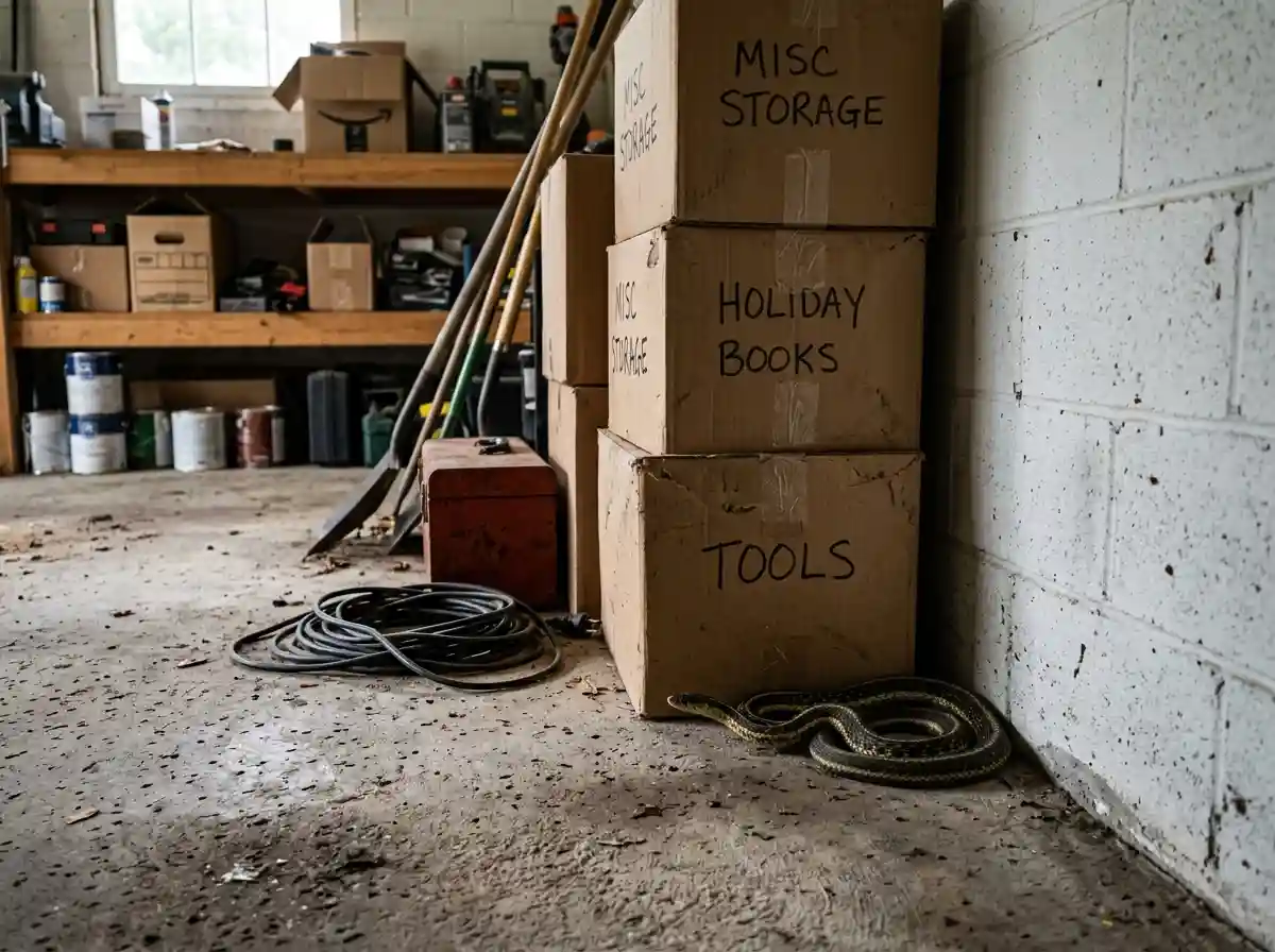 A gartersnake curled up sharply in a cool, dark corner of a concrete garage floor.