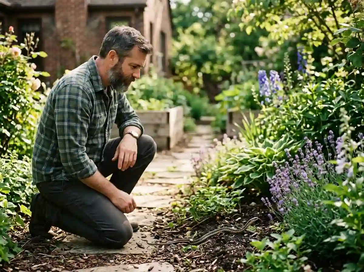 Mark observing a garden snake flicking its tongue to taste the air.