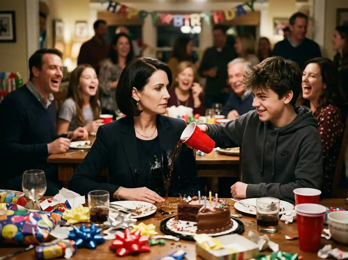 A smug teenager pouring a cup of dark soda onto a woman's lap at a family dinner table