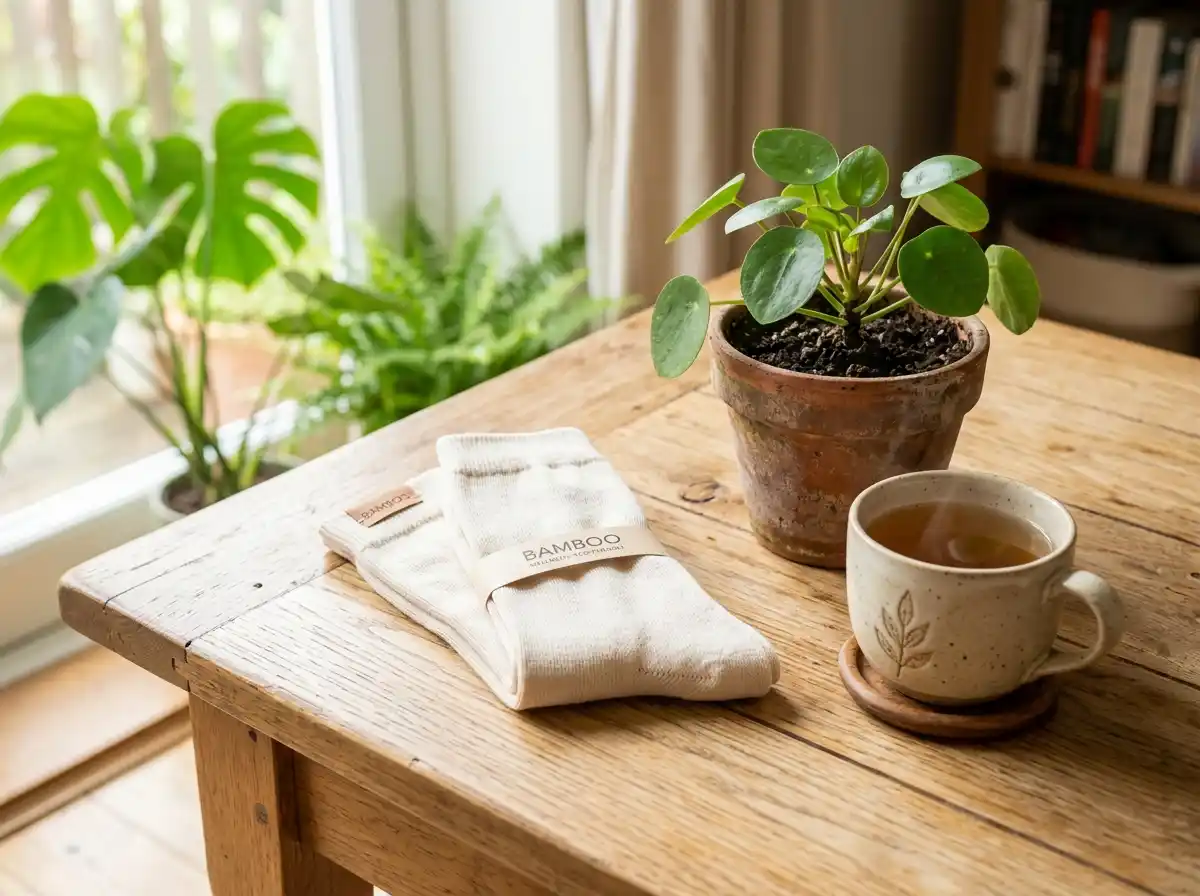 A neatly folded pair of breathable bamboo socks next to a cup of tea