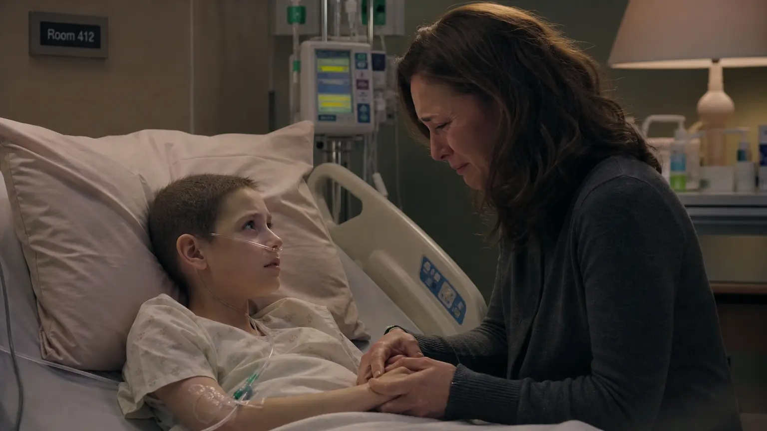 Isabelle holding Sophie's hand as she lies frail in her hospital bed