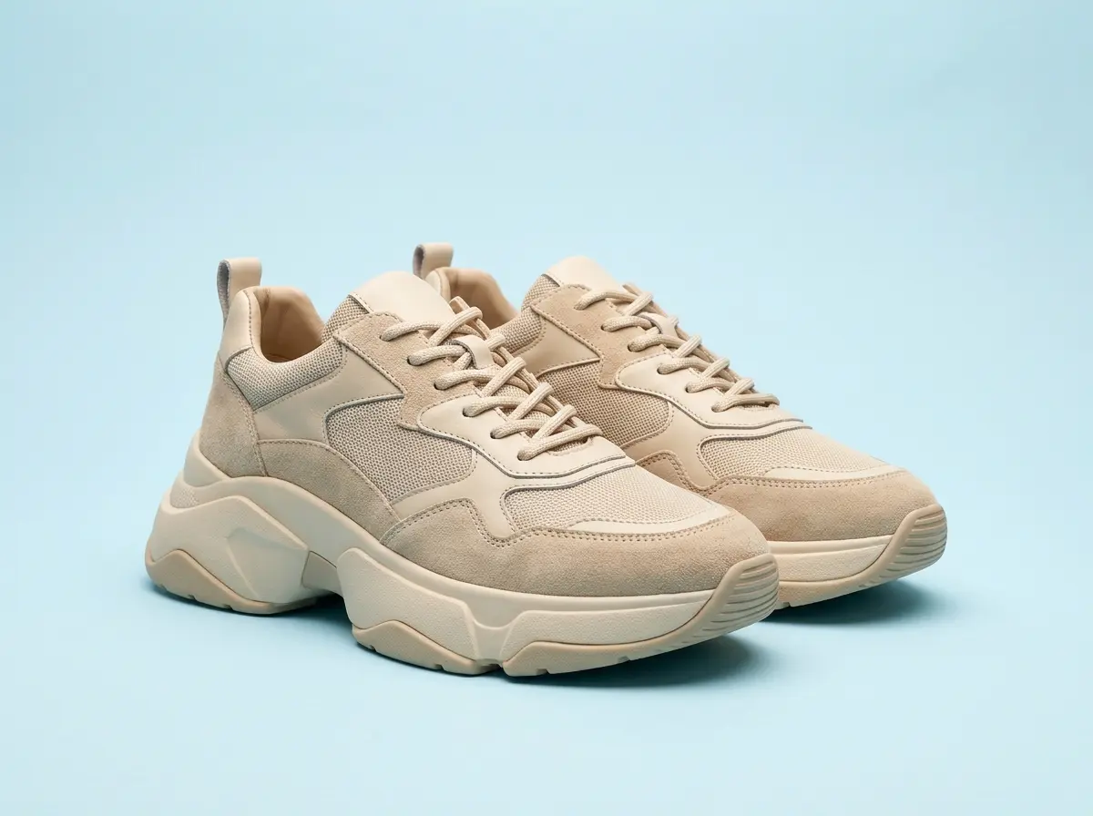 Stylish beige sporty sneakers with a thick sole