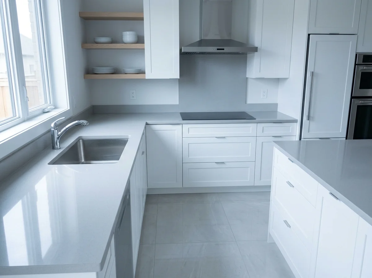 A perfectly clean, empty kitchen with a cold stove