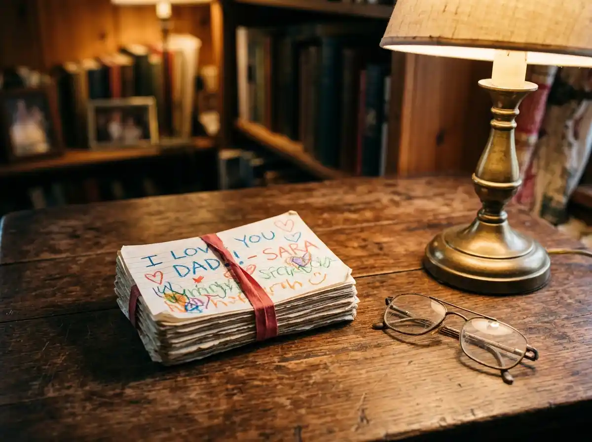 A neat stack of colorful, childlike handwritten notes resting on a vintage wooden table