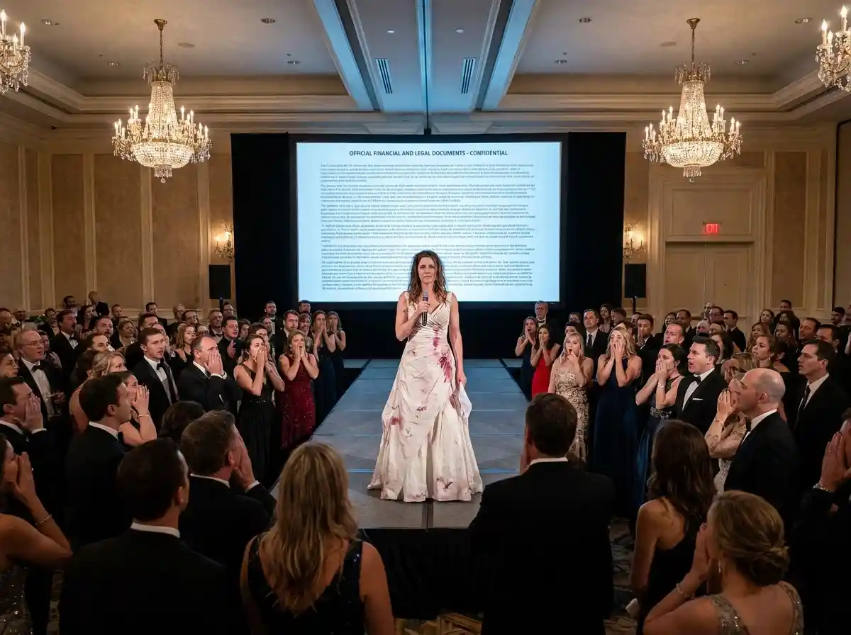 A woman on a stage revealing legal documents on a projector screen to a shocked crowd