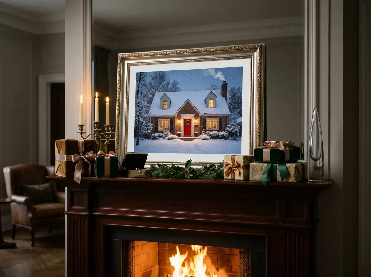 A framed photo of a newly renovated house on a Christmas mantel