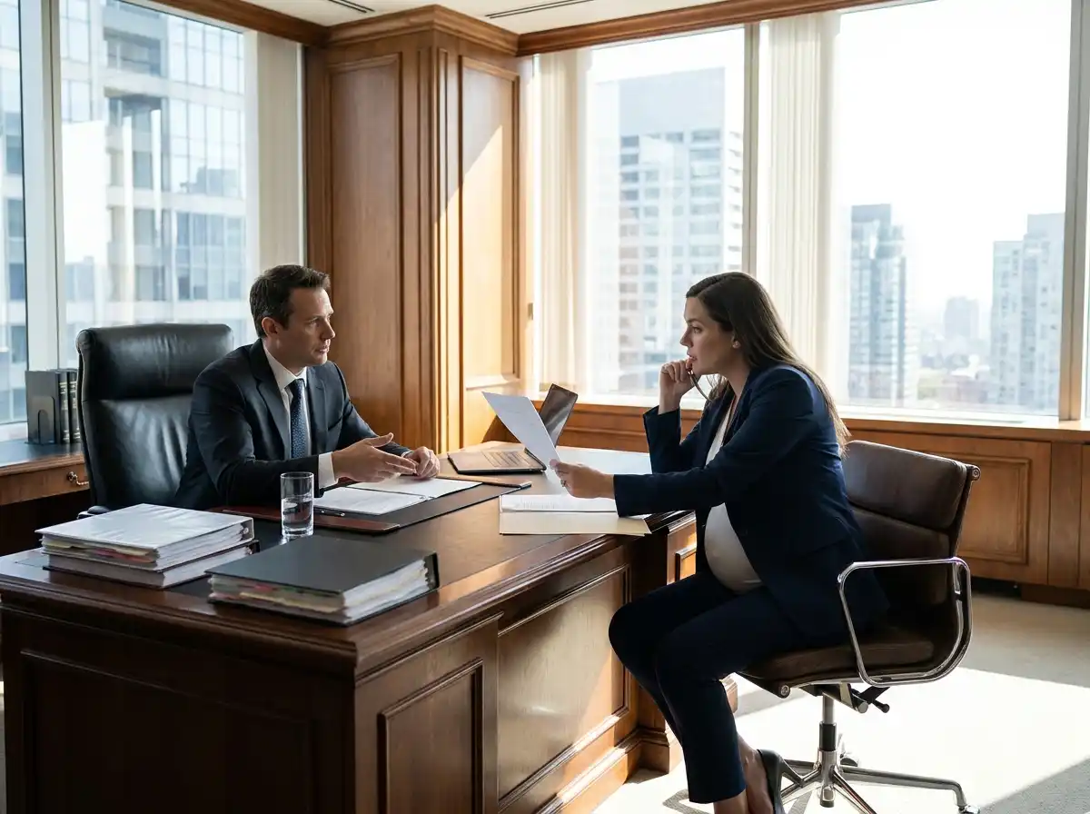 A pregnant woman reviewing complex legal documents with her attorney