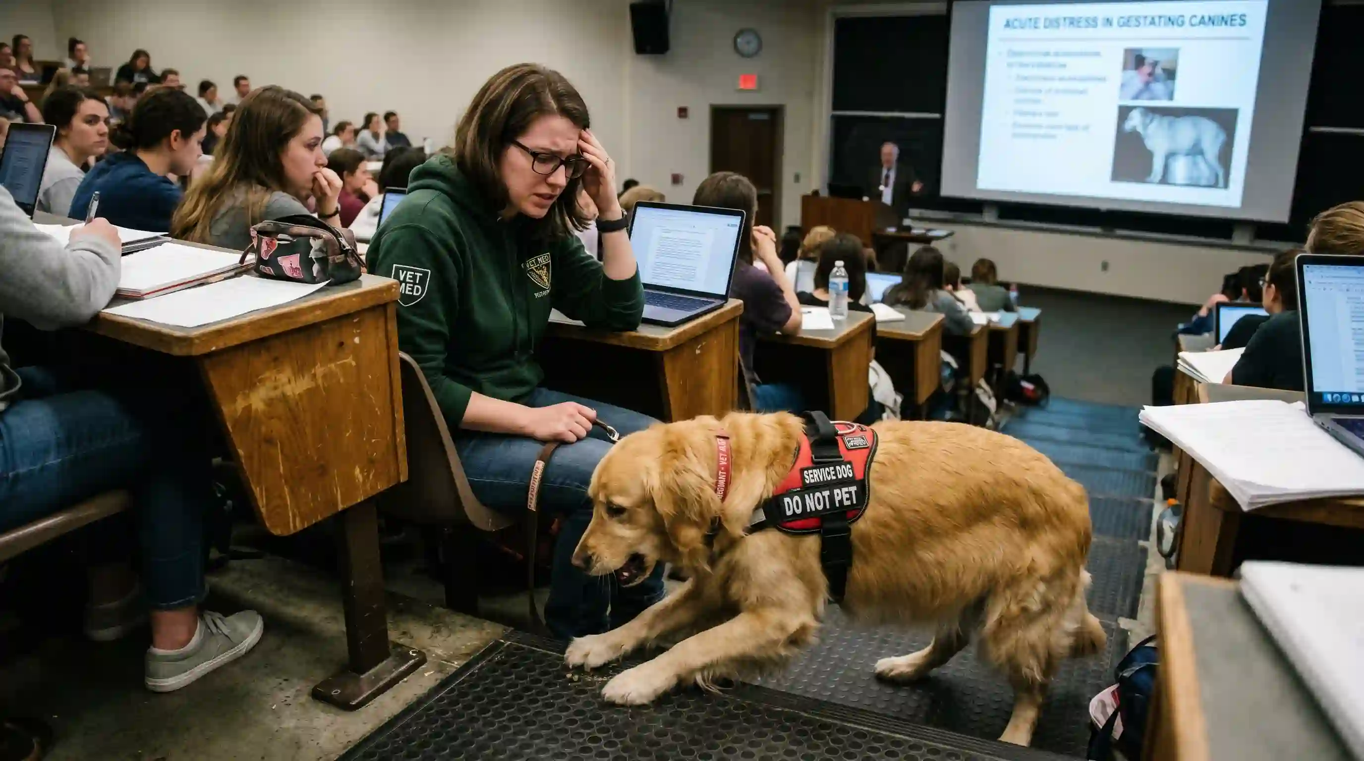 Elena looking stressed at her exam desk while her pregnant golden retriever scratches at a floor vent