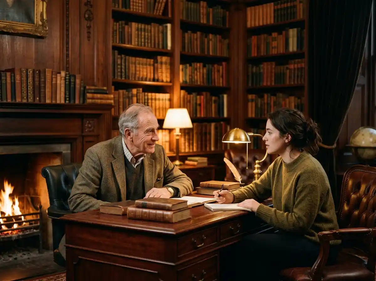 An older man and a young woman talking in a luxurious study