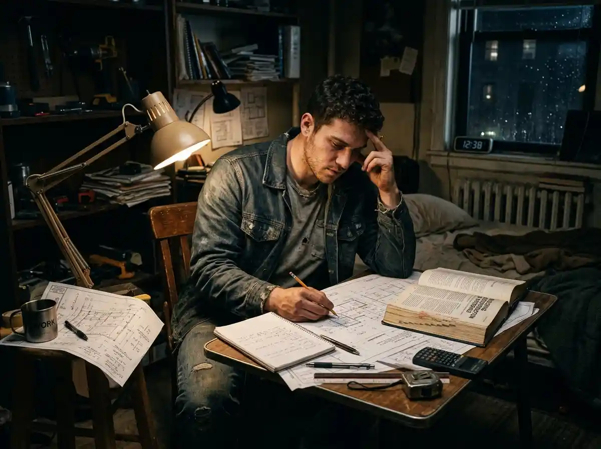 A young man studying construction blueprints late at night in a small apartment