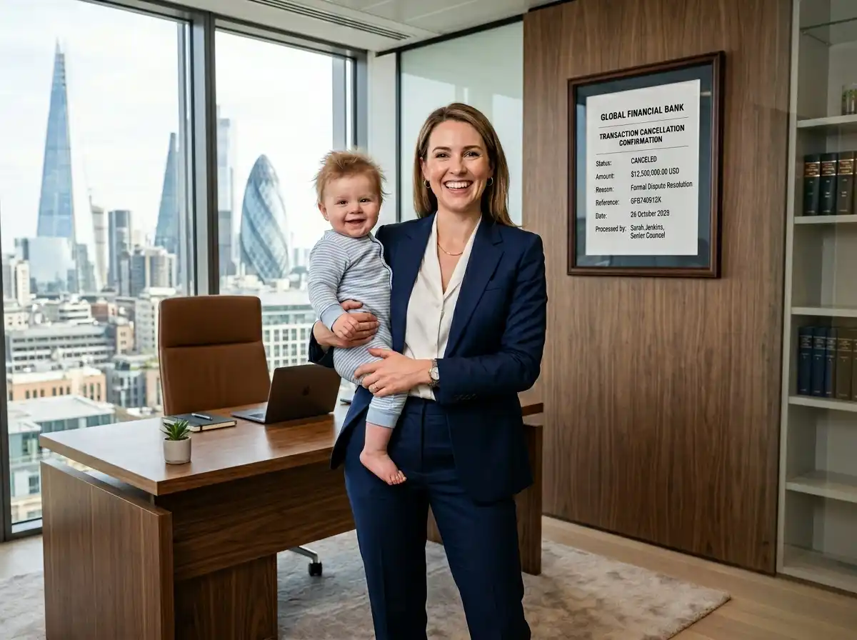 A confident lawyer holding her baby in a modern office, a framed receipt on the wall