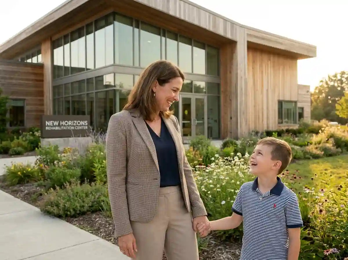 A successful woman holding her son's hand outside a modern rehabilitation clinic