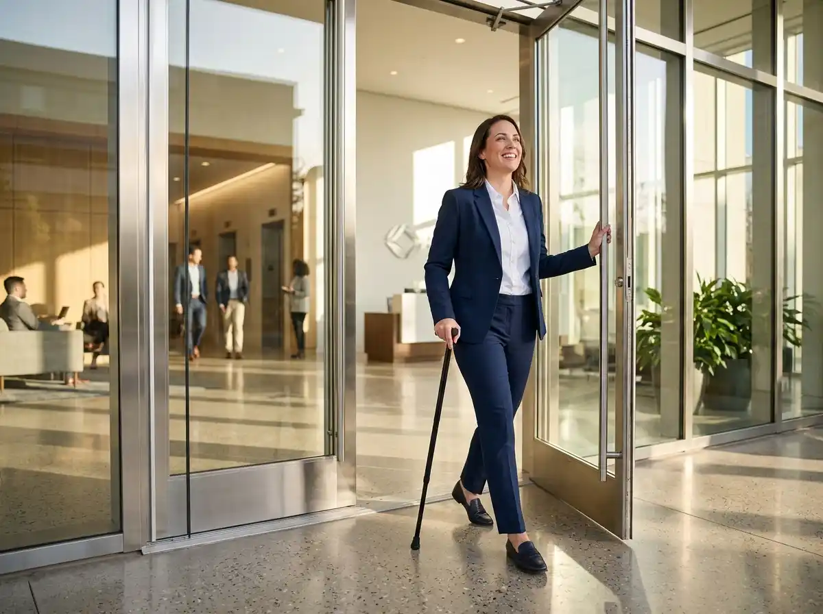 A confident woman in a navy suit walking with a cane into a modern office