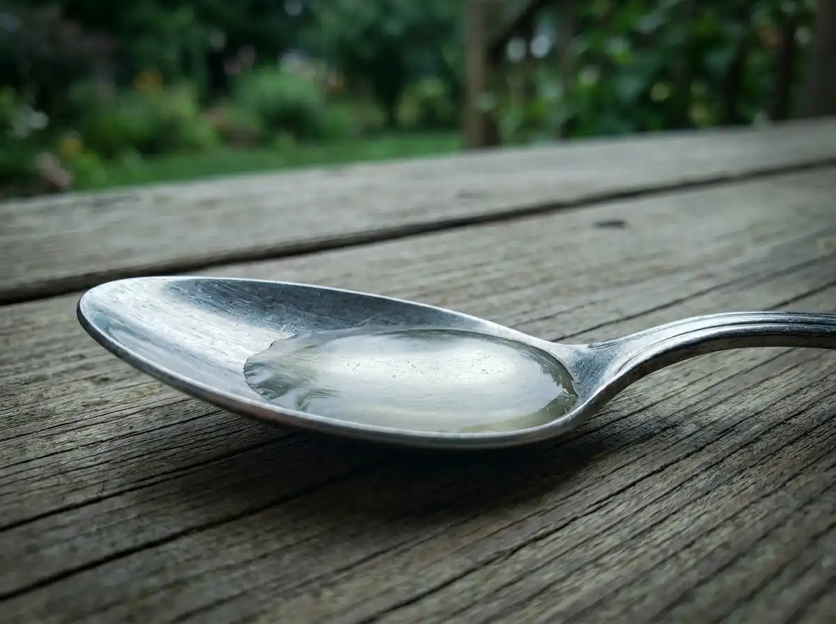 A metal spoon with sugar water resting on a wooden porch