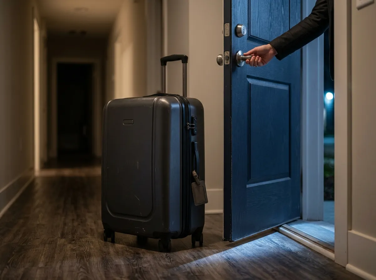 A dark suitcase sitting next to a closed front door at night