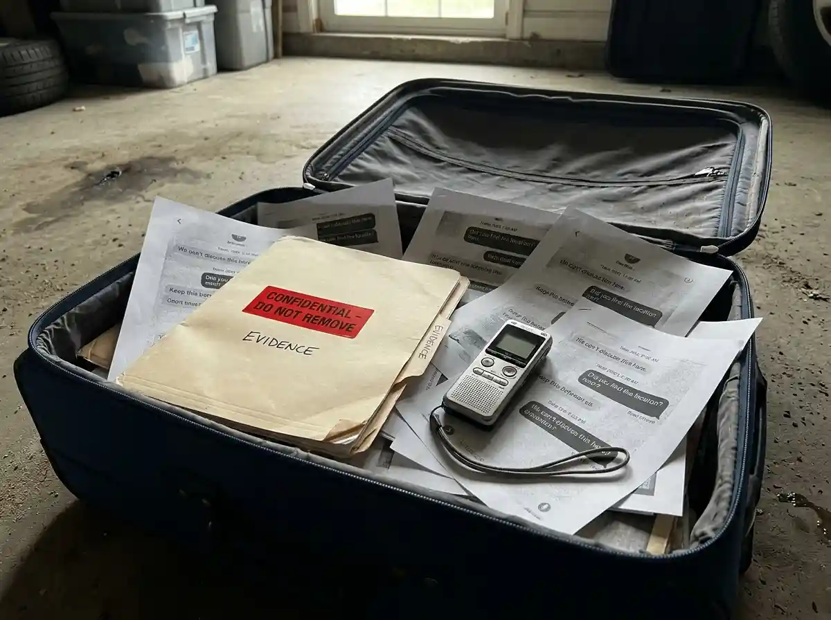 Printed screenshots, a tablet photo, and a voice recorder inside a suitcase