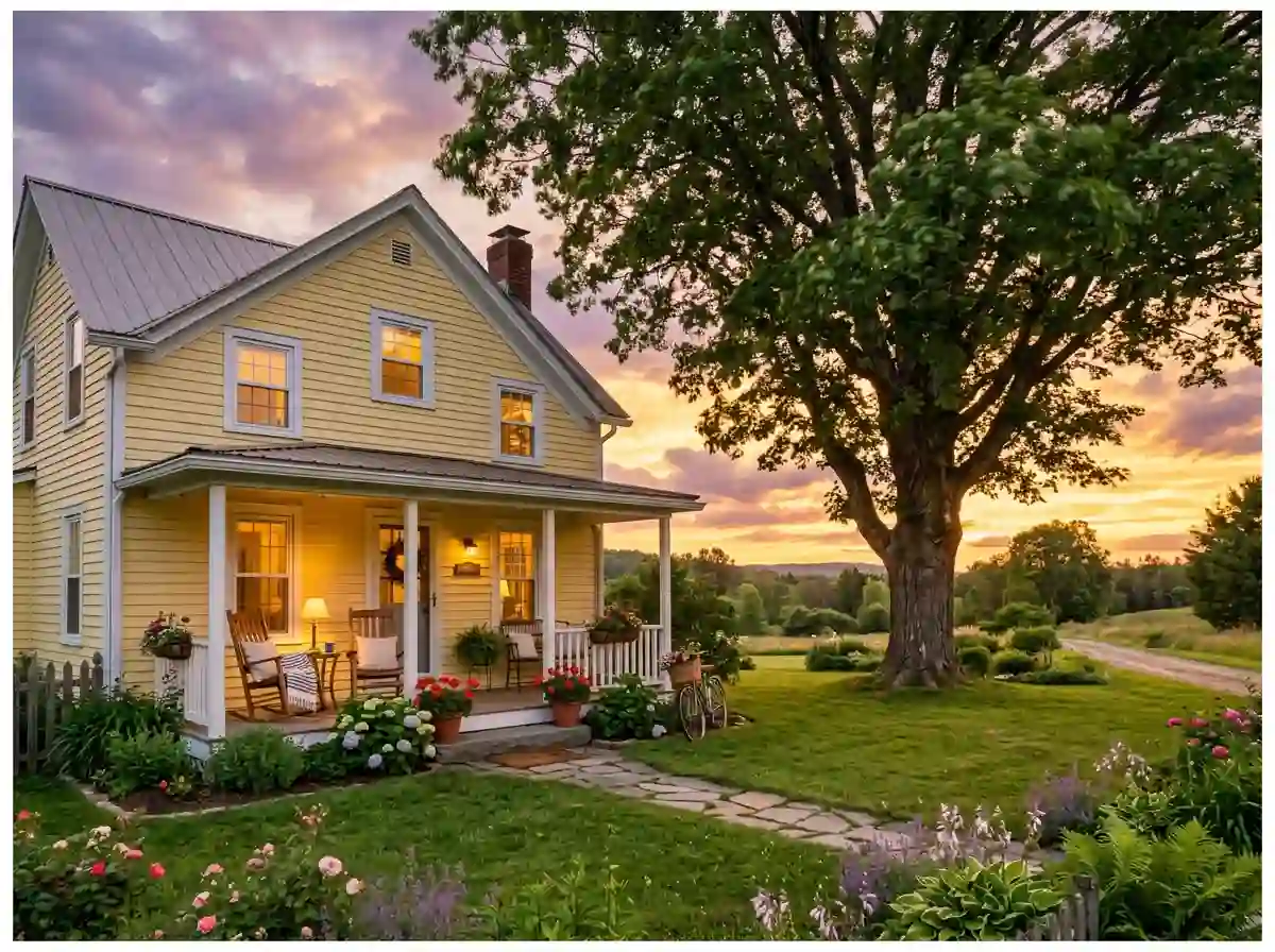 A peaceful front porch with a large oak tree at sunset