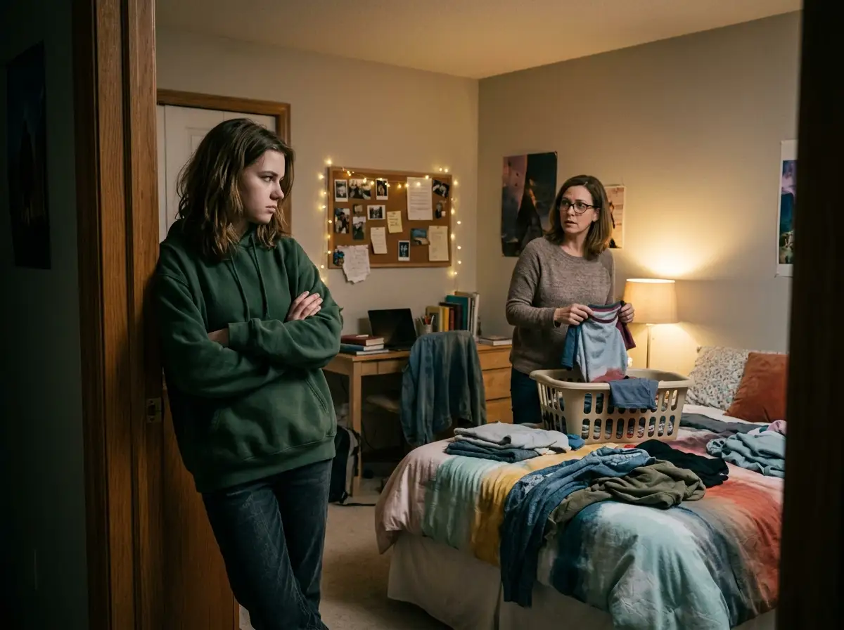A tense teenage girl looking suspiciously at her mother from a bedroom doorway