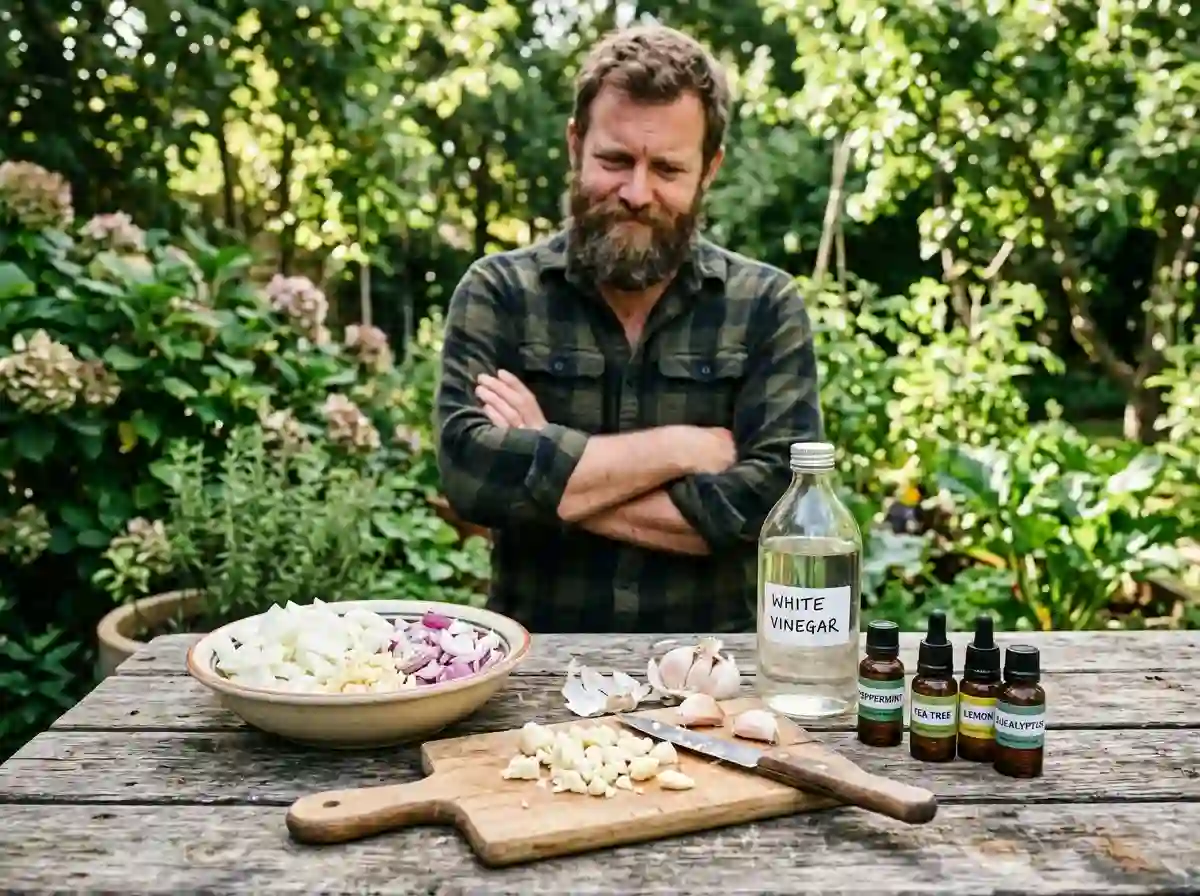 A table covered with chopped onions, garlic, vinegar, and essential oils with Mark looking skeptical.
