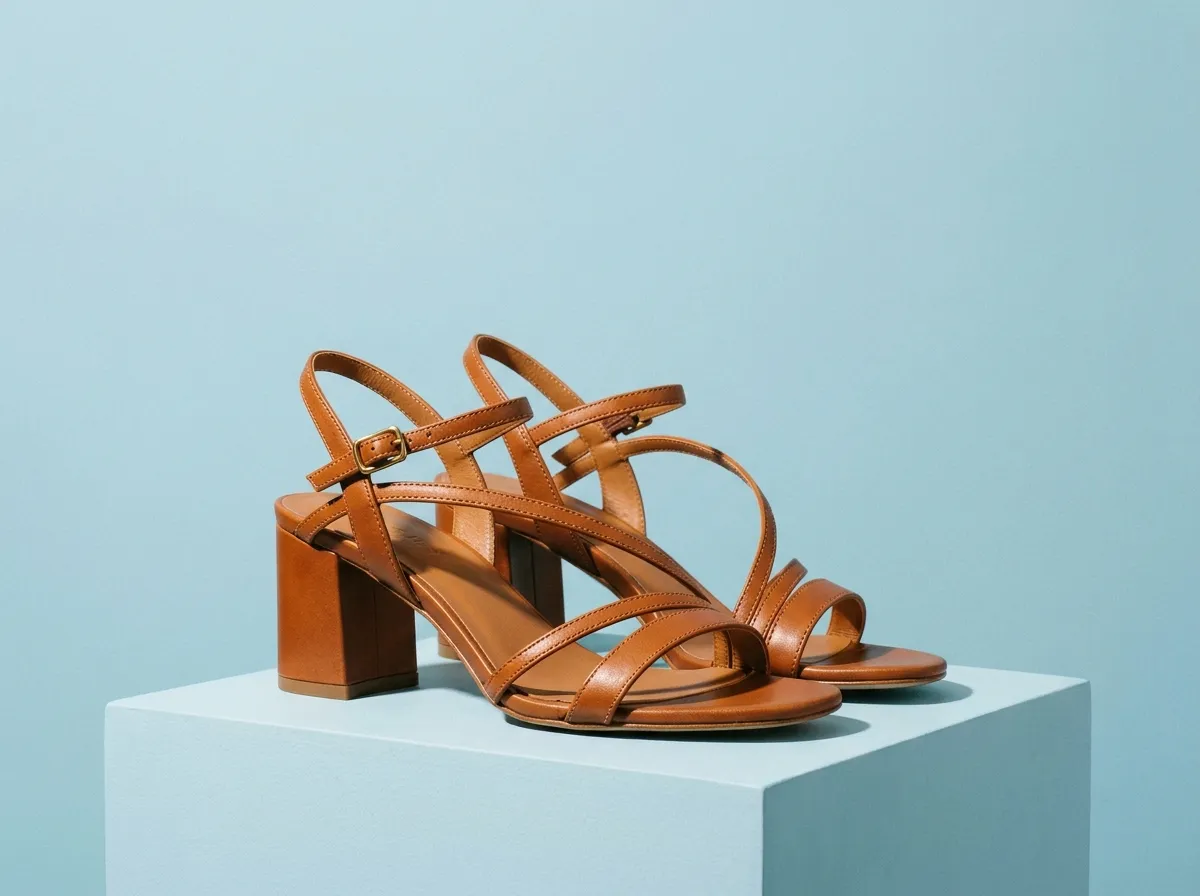 Elegant tan leather block-heeled sandals