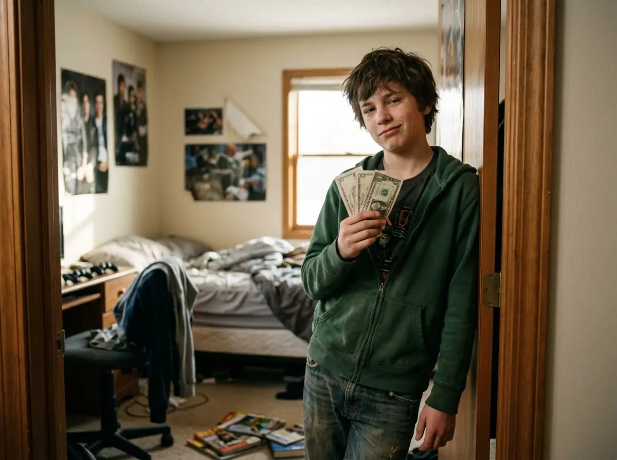 A confident 13-year-old boy holding money, looking smug in his room