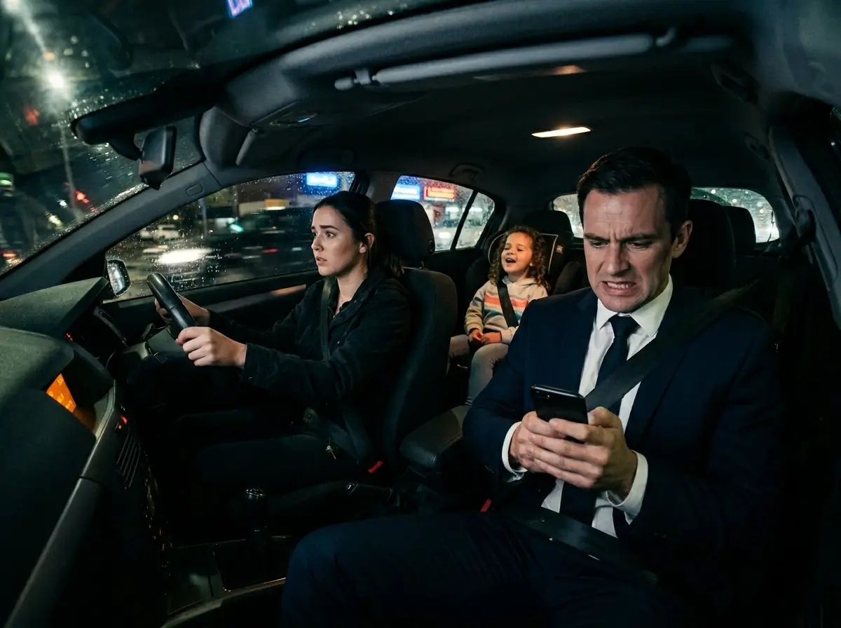 A tense man looking at his phone in a car while a woman drives