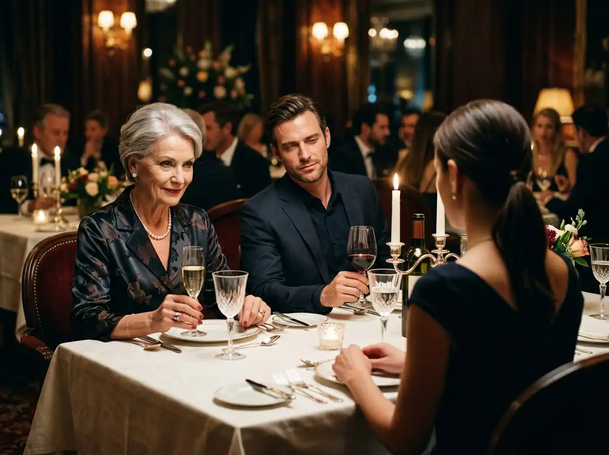 A tense dinner setting with an arrogant man and older woman looking dismissive