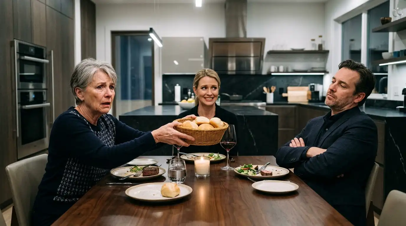 An older woman serving rolls at a tense dinner table while her son looks dismissive