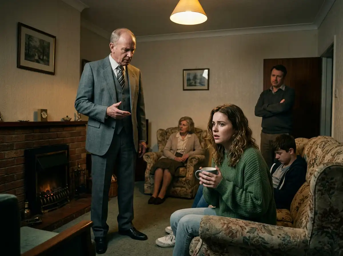 A tense family meeting in a living room with an older man speaking authoritatively