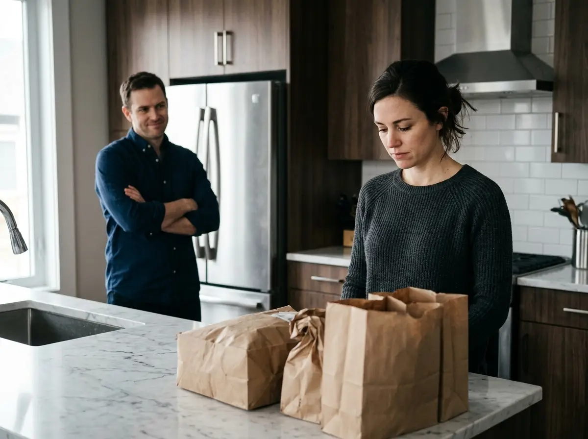 Grocery bags on a kitchen counter during a tense argument