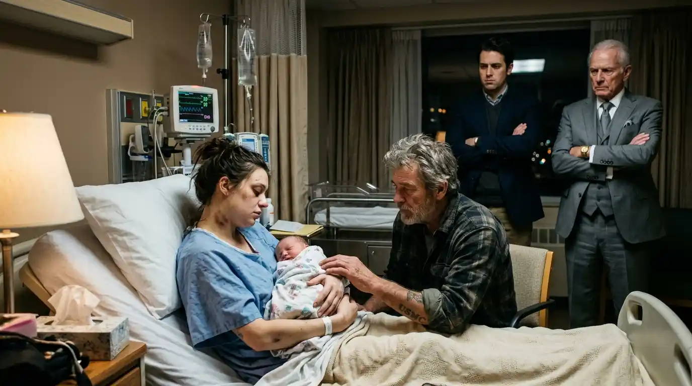 A rugged older man looking at a newborn baby while an arrogant husband and his father watch coldly in a hospital room