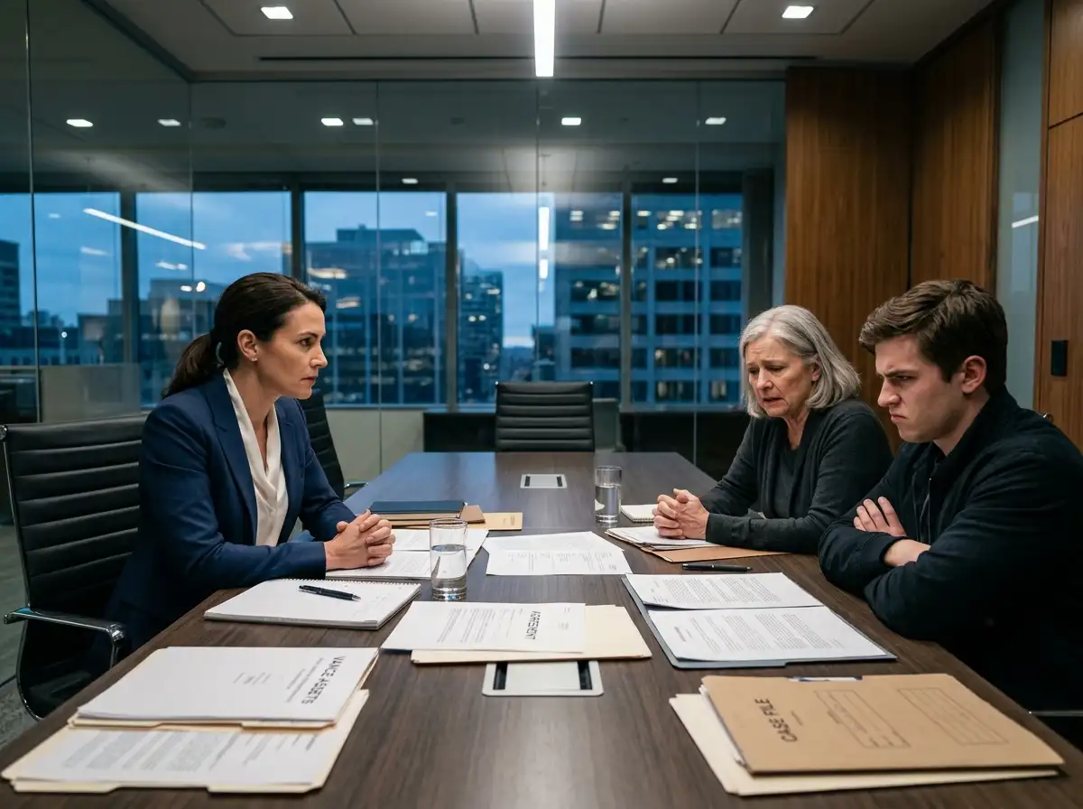 A tense legal confrontation in a modern glass conference room
