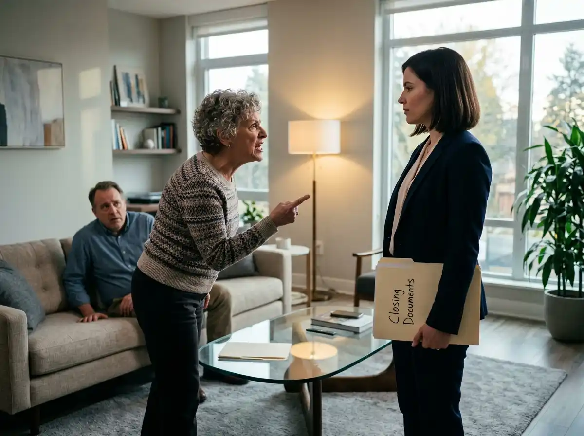 A tense confrontation in a living room between a calm woman and an angry older woman