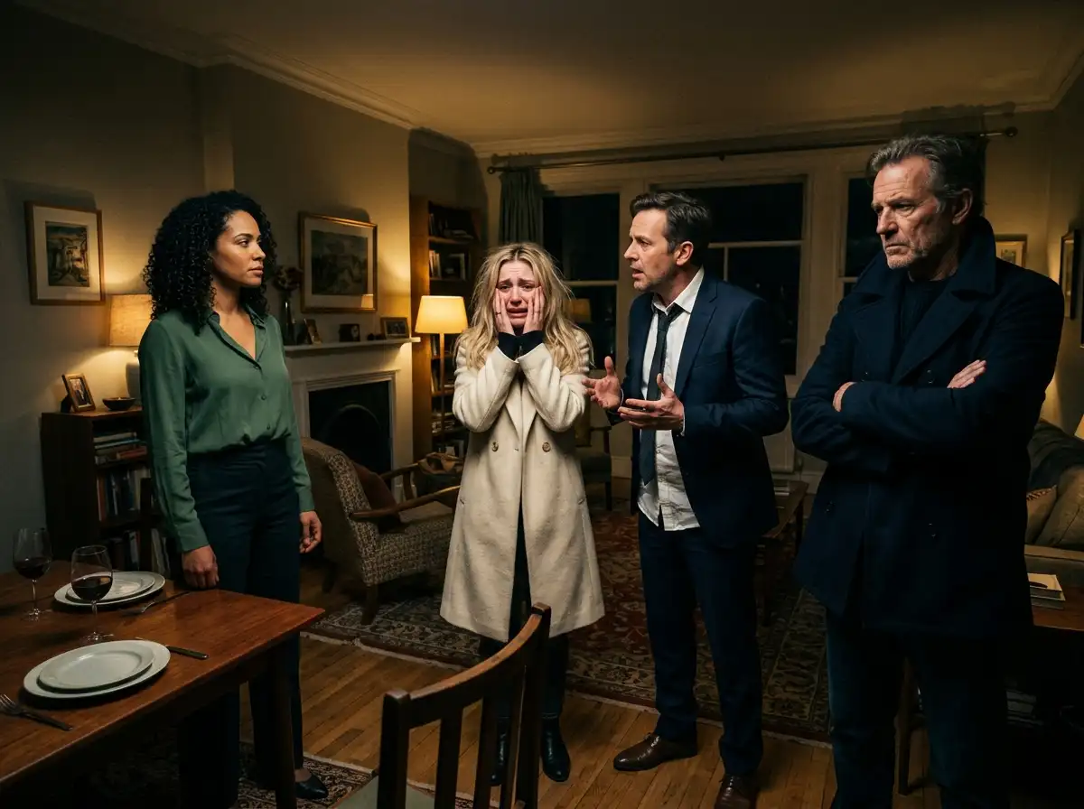 Four people having a tense emotional standoff in a living room