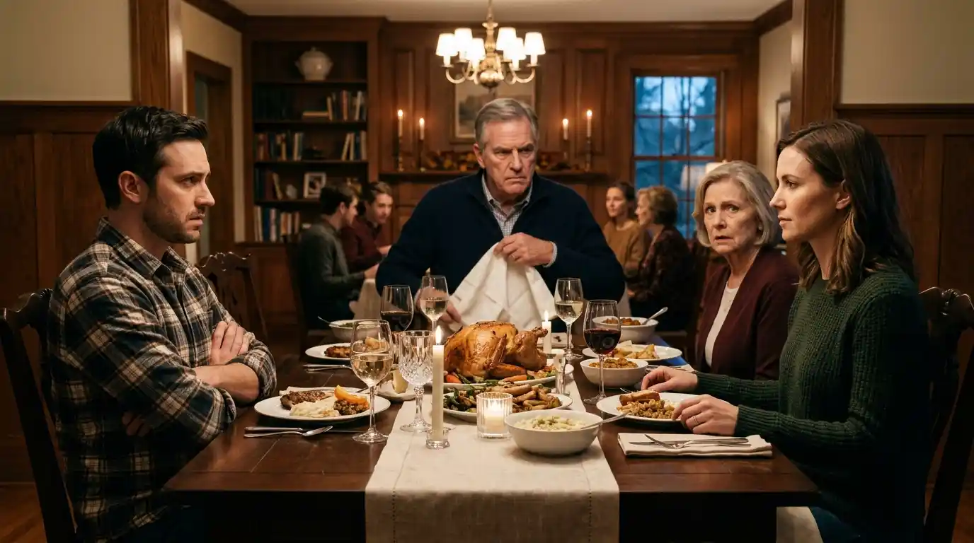 A tense Thanksgiving dinner where Emily stands up to her brother Ryan while their father looks on firmly
