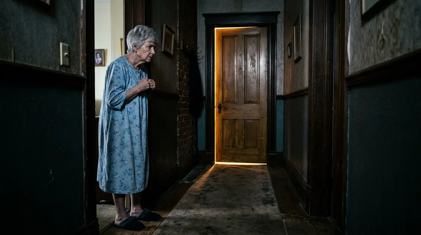 Eleanor watching the light under the closed bathroom door at 4 AM
