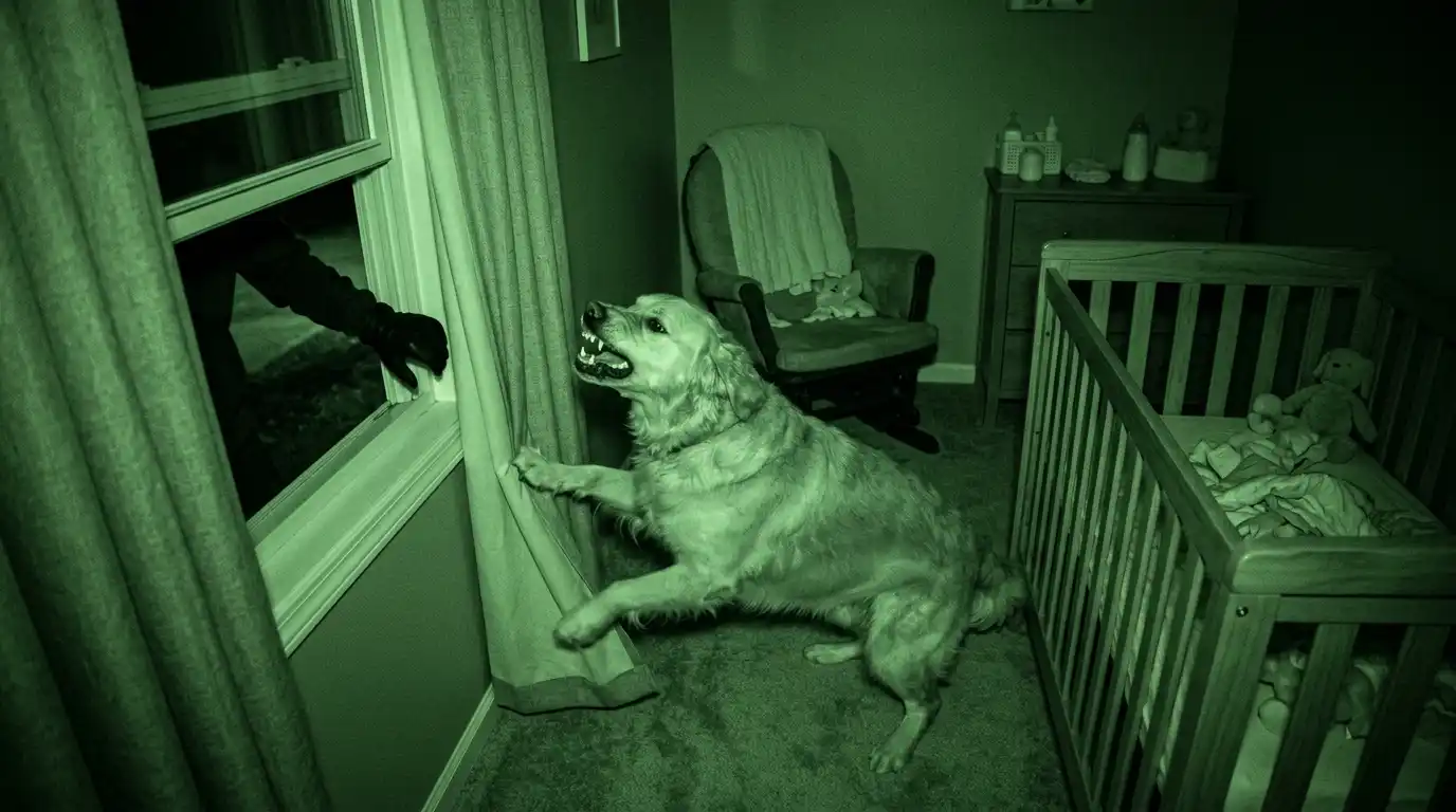 Night-vision aesthetic of a Golden Retriever barking aggressively at a partially open window