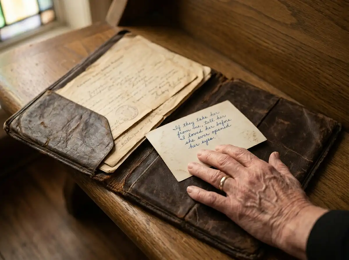 Close-up of old documents and handwritten note inside a folder