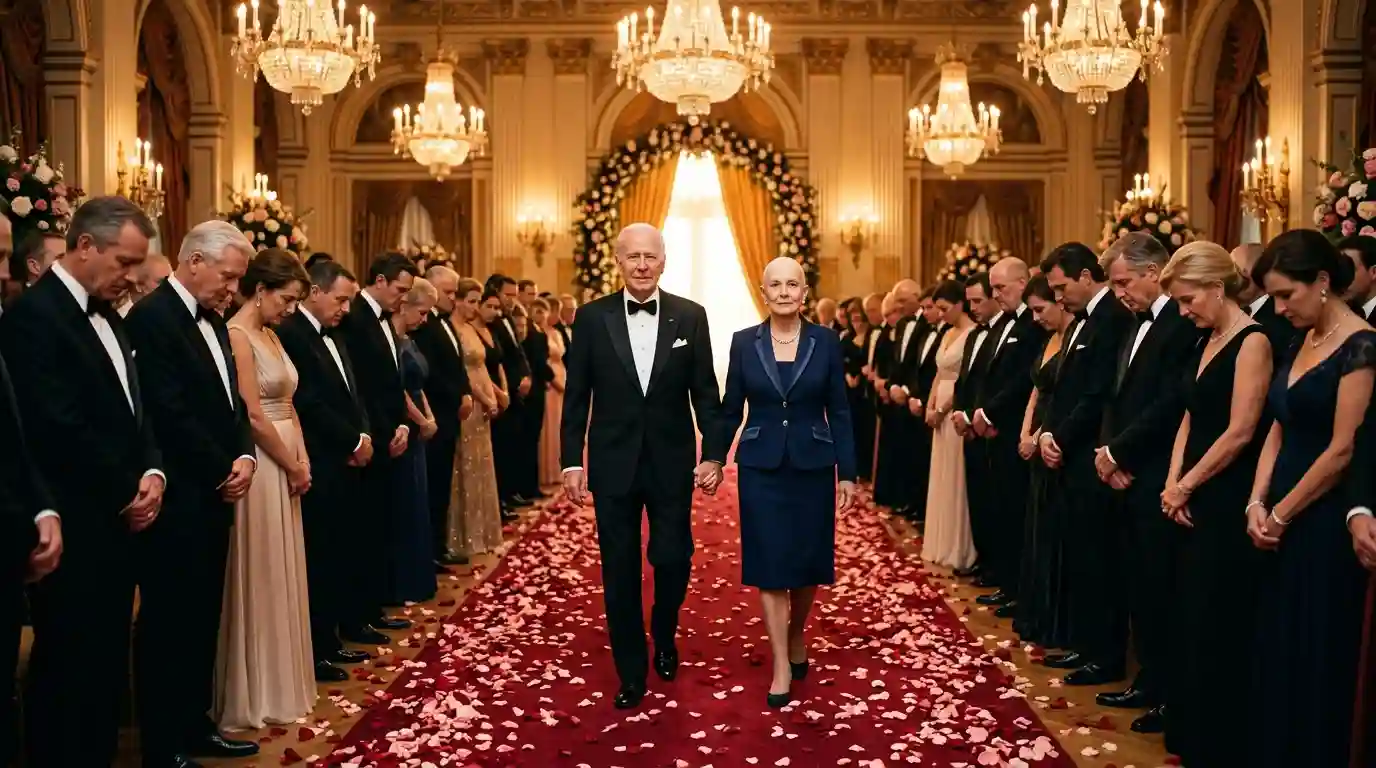 The older couple walking proudly down the aisle as the crowd watches in shame