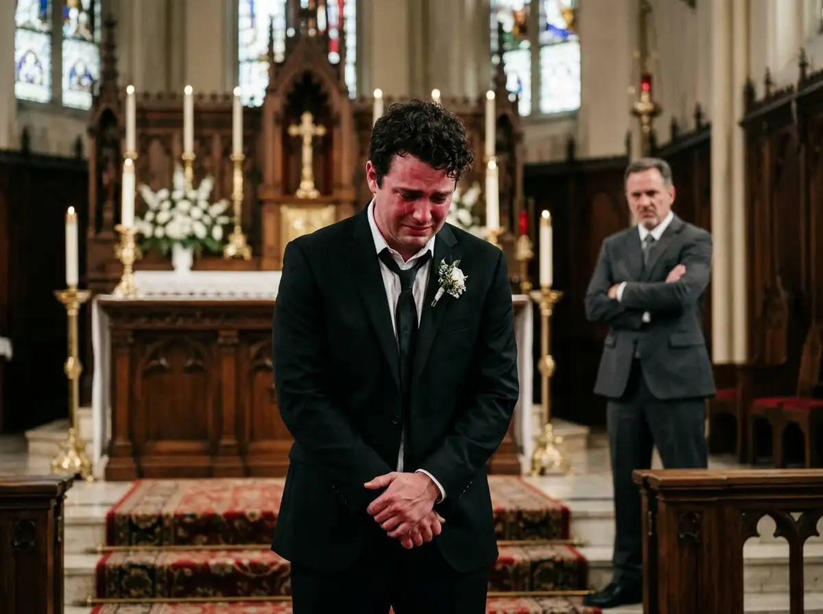 Groom looking defeated at the altar with the father blurred in background
