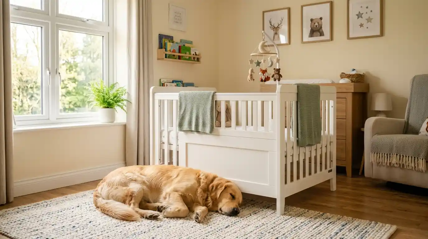 Golden Retriever sleeping peacefully next to the white baby crib in a sunlit nursery