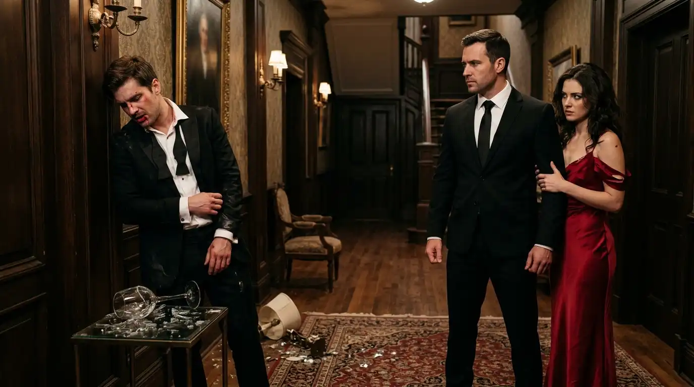 Mateo backed against the wall as Daniel protects Elena
