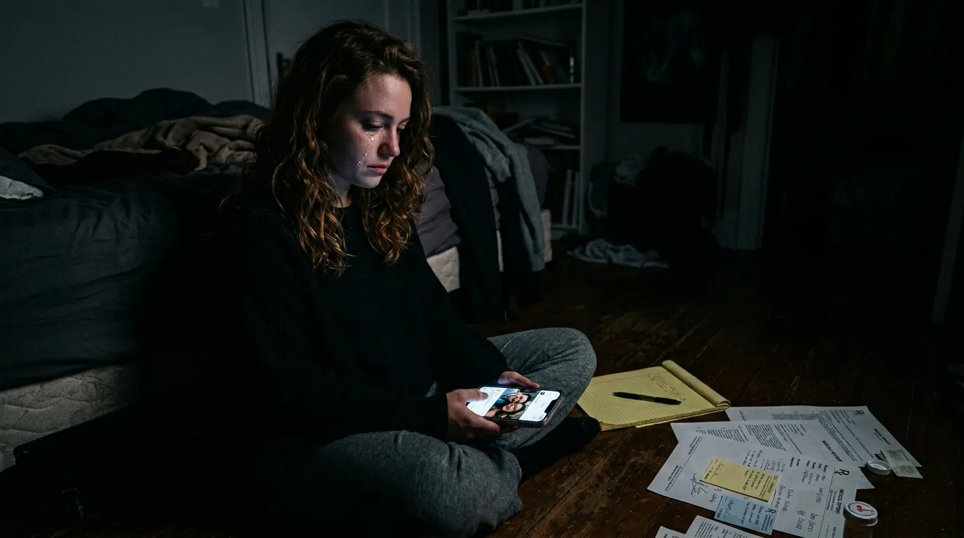 Maddie sitting alone in the dark looking at her phone