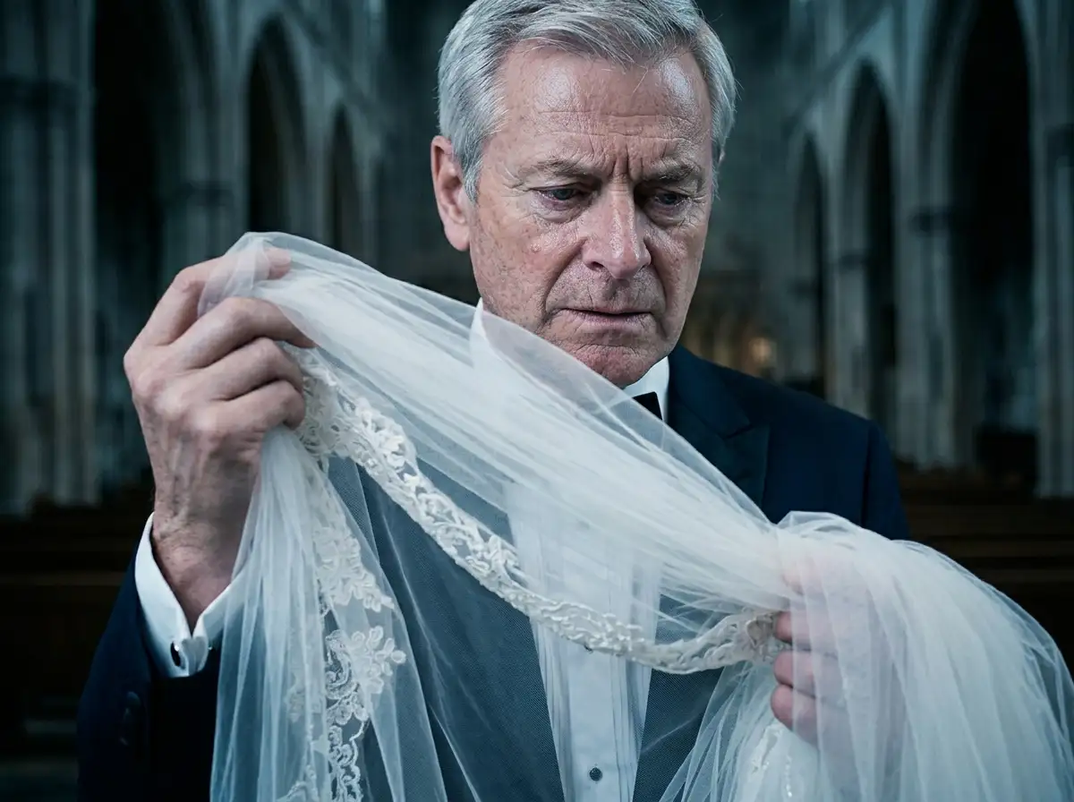 Shocked bride and older man holding veil at the altar