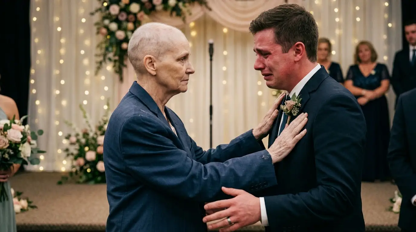 Mary gently pushing away Lucas's hand on the wedding stage