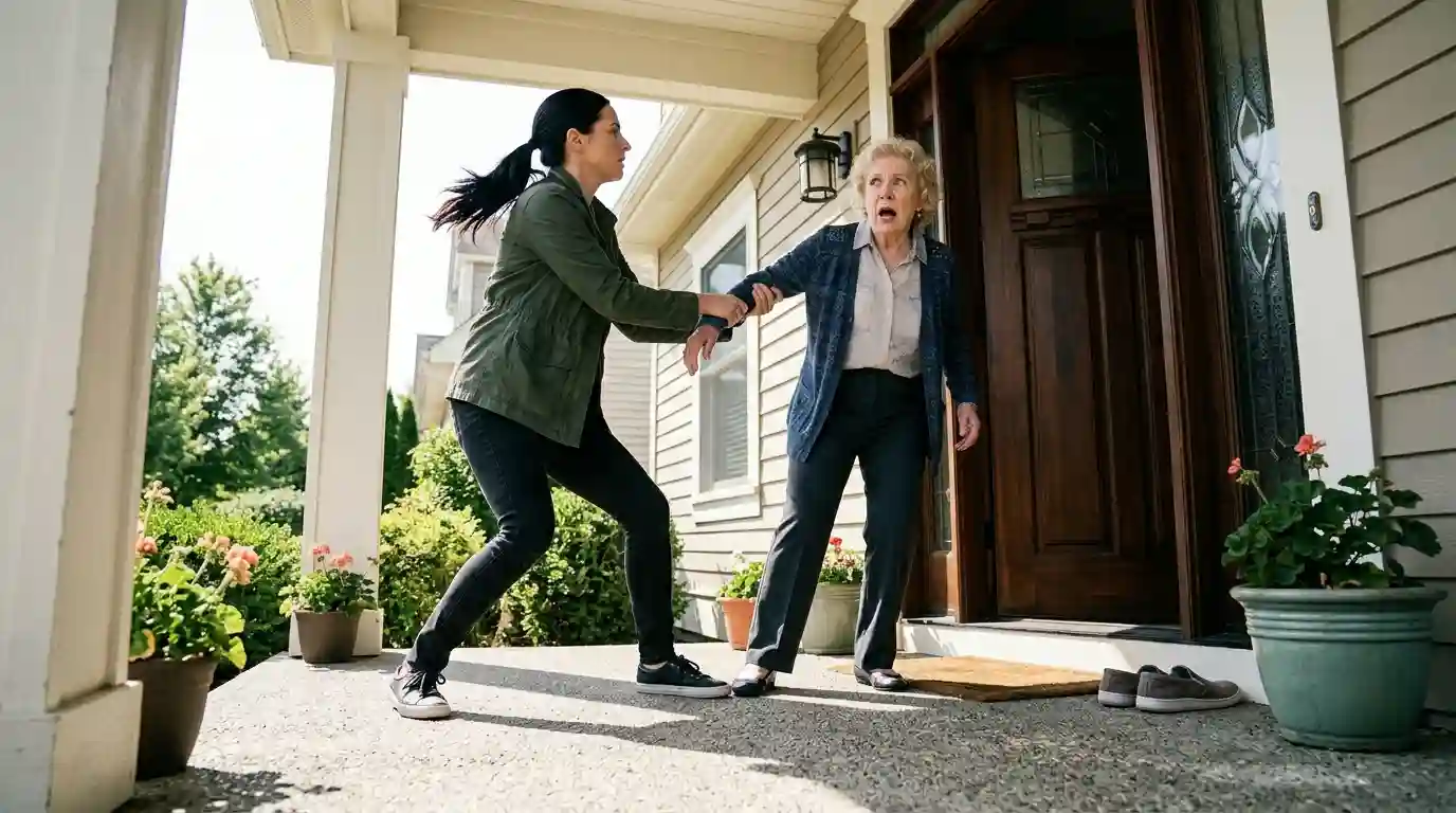 Daughter dragging her mother out of the front door onto the porch